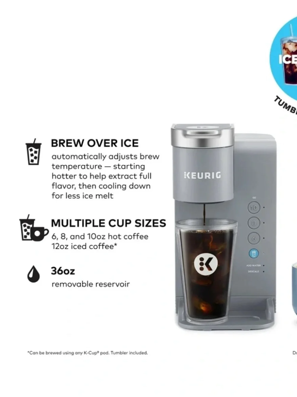 K-Iced Essentials Gray Iced and Hot Single-Serve K-Cup Pod Coffee Maker NWT